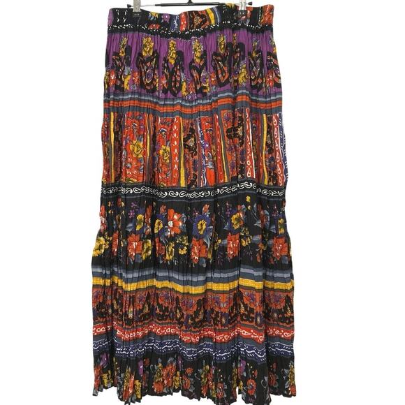 Phool Cotton Jewel Tone Vintage 90s Pleated Maxi Skirt Boho Hippie India 1X - Picture 2 of 11